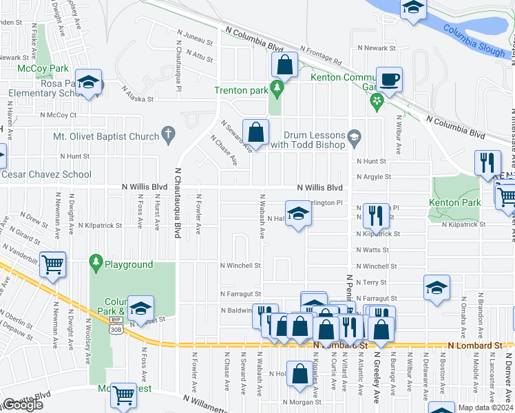 map of restaurants, bars, coffee shops, grocery stores, and more near 8285 North Wabash Avenue in Portland