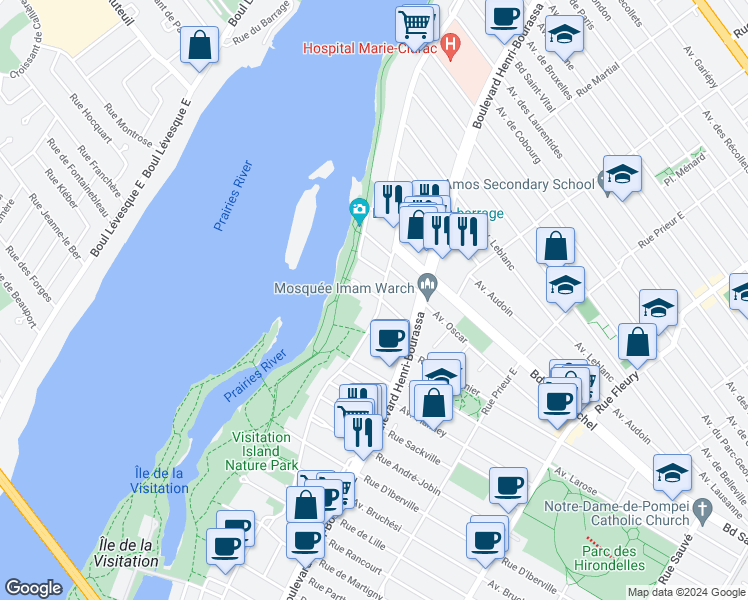 map of restaurants, bars, coffee shops, grocery stores, and more near 3125 Boulevard Gouin Est in Montrã©Al