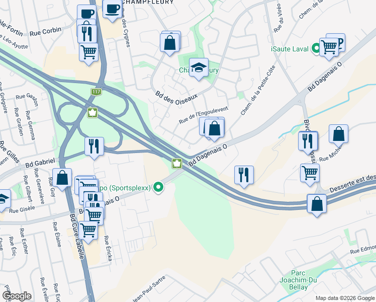map of restaurants, bars, coffee shops, grocery stores, and more near 2512 Rue de l'Ombrette in Laval