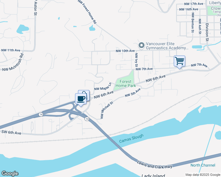 map of restaurants, bars, coffee shops, grocery stores, and more near 1321 Northwest Maple Lane in Camas