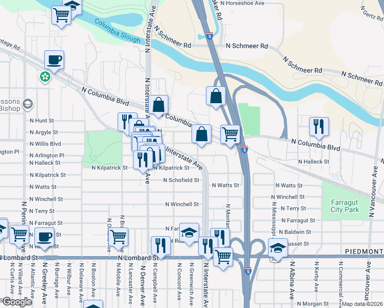 map of restaurants, bars, coffee shops, grocery stores, and more near 1610 North Willis Boulevard in Portland