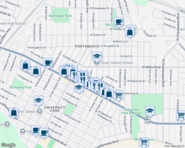 map of restaurants, bars, coffee shops, grocery stores, and more near 7955 North Courtenay Avenue in Portland