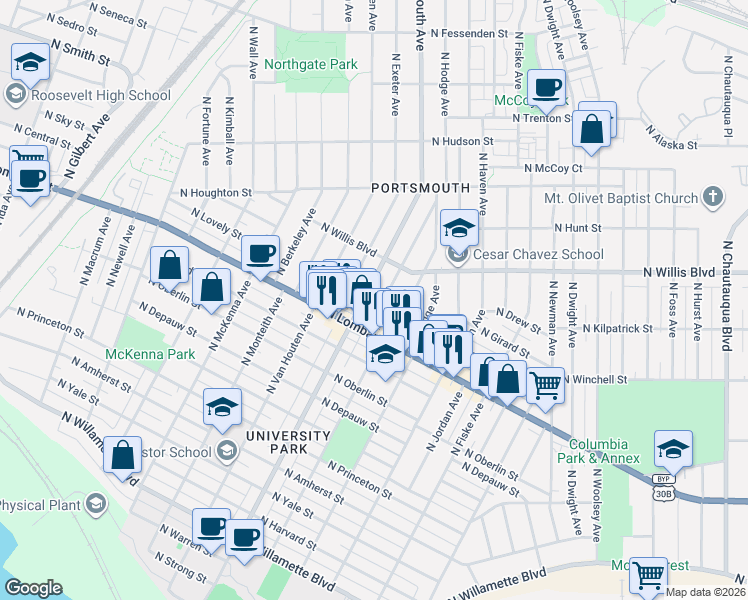 map of restaurants, bars, coffee shops, grocery stores, and more near 7827 North Gloucester Avenue in Portland