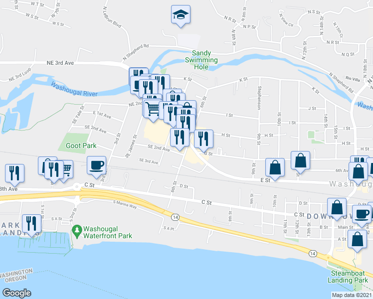 map of restaurants, bars, coffee shops, grocery stores, and more near 616 Southeast Lechner Street in Washougal