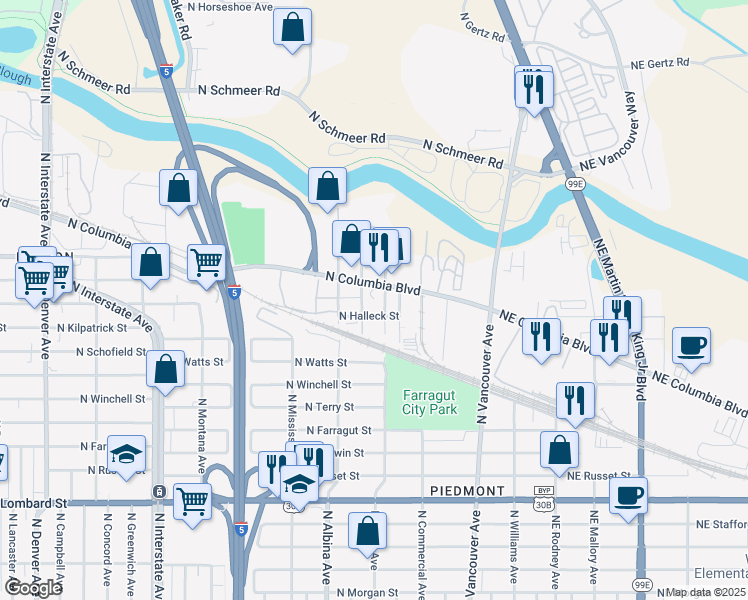 map of restaurants, bars, coffee shops, grocery stores, and more near 626 North Columbia Boulevard in Portland