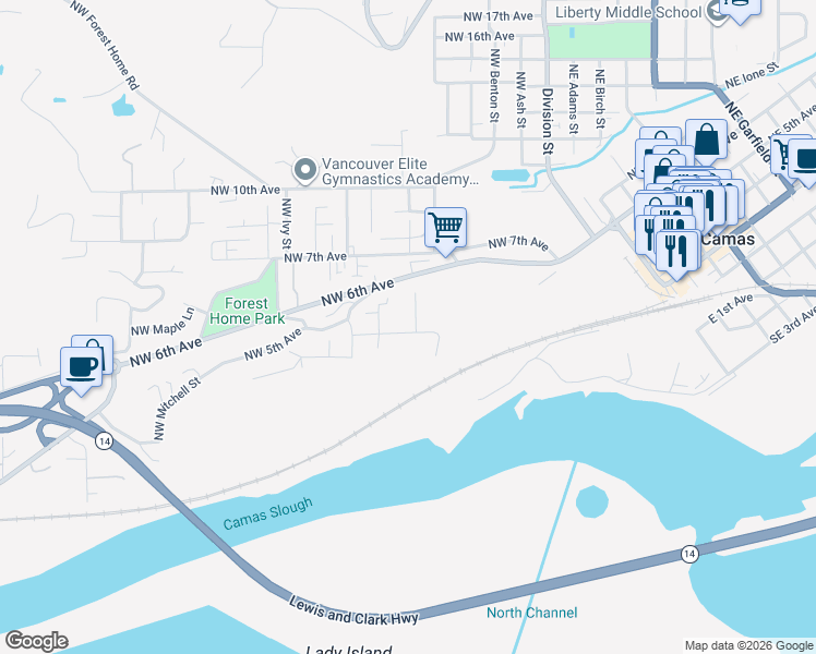 map of restaurants, bars, coffee shops, grocery stores, and more near 527 Northwest Elm Street in Camas