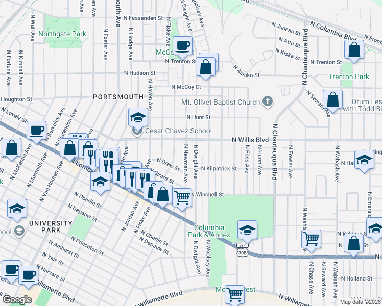 map of restaurants, bars, coffee shops, grocery stores, and more near 8325 North Dwight Avenue in Portland