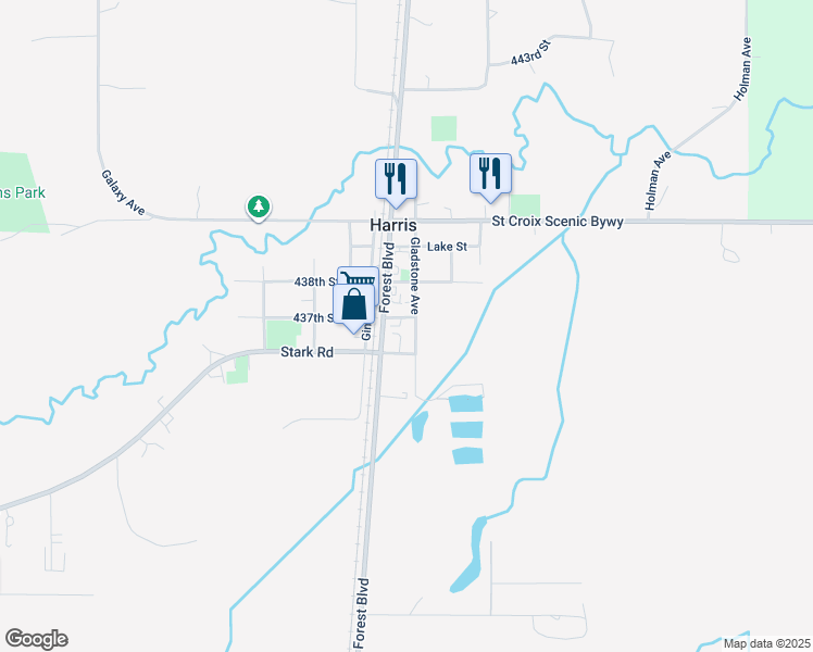 map of restaurants, bars, coffee shops, grocery stores, and more near 6637 437th Street in Harris