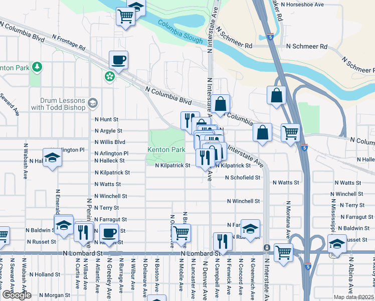 map of restaurants, bars, coffee shops, grocery stores, and more near 8310 North Brandon Avenue in Portland