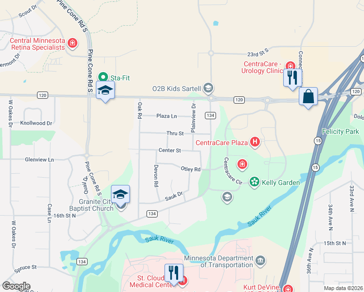 map of restaurants, bars, coffee shops, grocery stores, and more near 4223 Center Street in St. Cloud