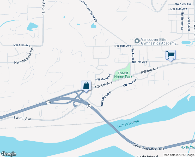 map of restaurants, bars, coffee shops, grocery stores, and more near 1411 Northwest Maple Lane in Camas