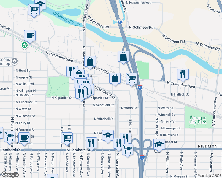 map of restaurants, bars, coffee shops, grocery stores, and more near 1610 North Willis Boulevard in Portland