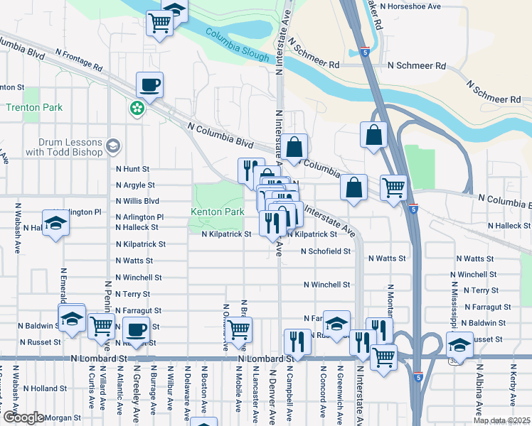 map of restaurants, bars, coffee shops, grocery stores, and more near 2104 North Willis Boulevard in Portland