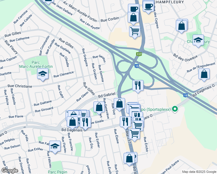 map of restaurants, bars, coffee shops, grocery stores, and more near 405 Rue Guillemette in Laval
