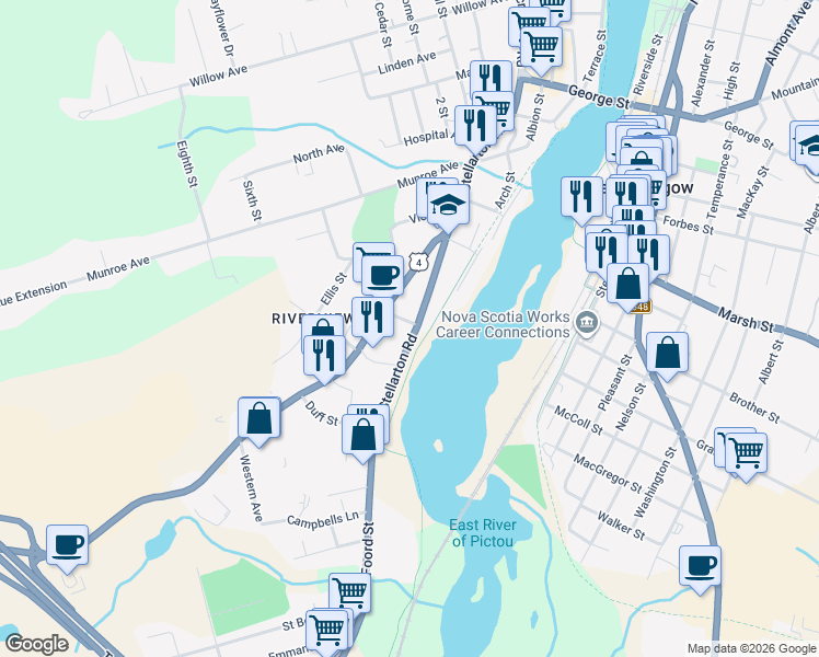 map of restaurants, bars, coffee shops, grocery stores, and more near 387 Stellarton Road in New Glasgow