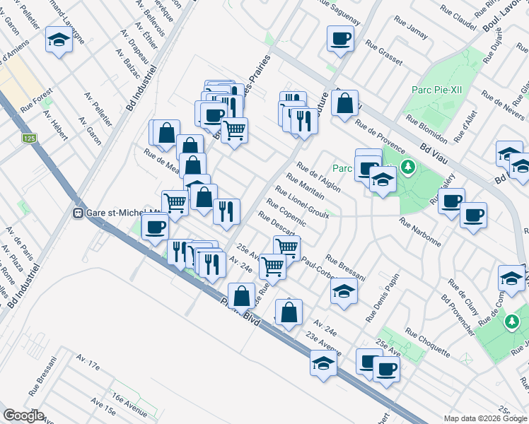 map of restaurants, bars, coffee shops, grocery stores, and more near 9119 Rue Descartes in Montréal