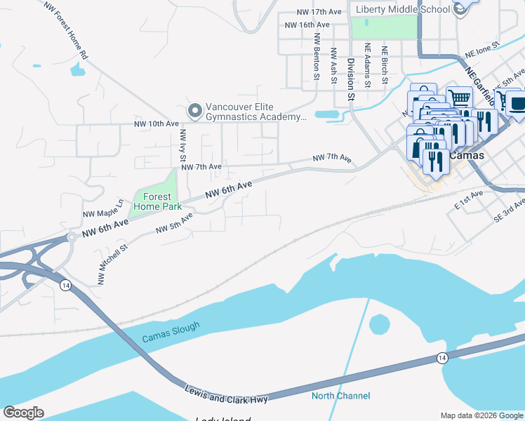 map of restaurants, bars, coffee shops, grocery stores, and more near 527 Northwest Elm Street in Camas