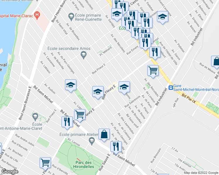 map of restaurants, bars, coffee shops, grocery stores, and more near 3671 Rue Fleury Est in Montréal
