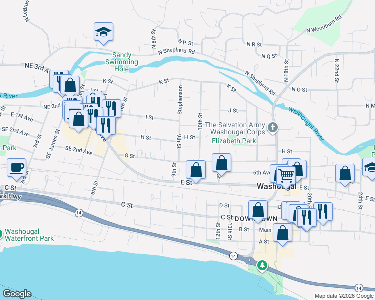 map of restaurants, bars, coffee shops, grocery stores, and more near 742 9th Street in Washougal