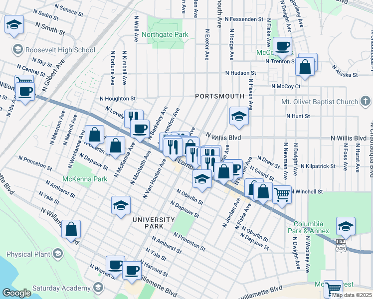 map of restaurants, bars, coffee shops, grocery stores, and more near 7621 North Portsmouth Avenue in Portland