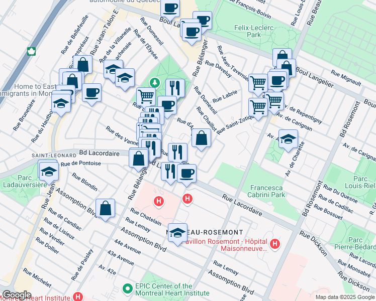 map of restaurants, bars, coffee shops, grocery stores, and more near 6763 Rue d'Avila in Montréal