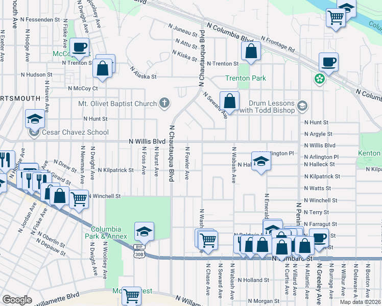 map of restaurants, bars, coffee shops, grocery stores, and more near 8306 North Fowler Avenue in Portland