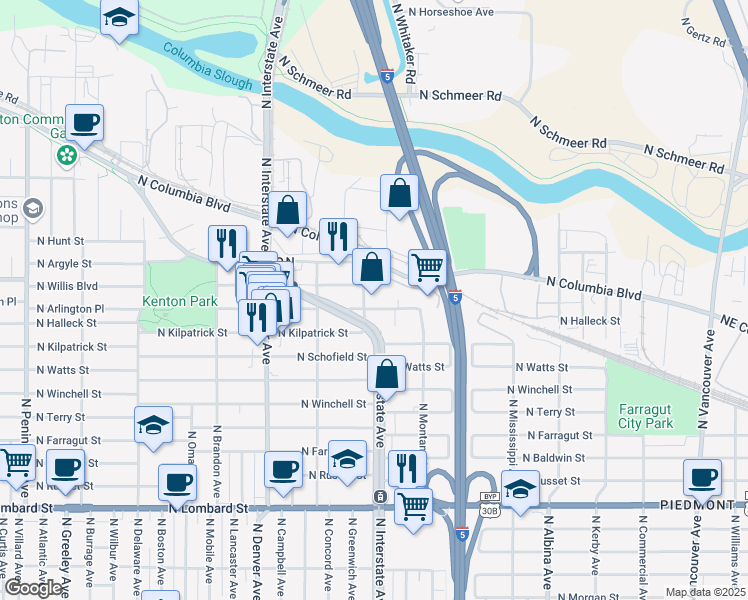 map of restaurants, bars, coffee shops, grocery stores, and more near 1441 North McClellan Street in Portland
