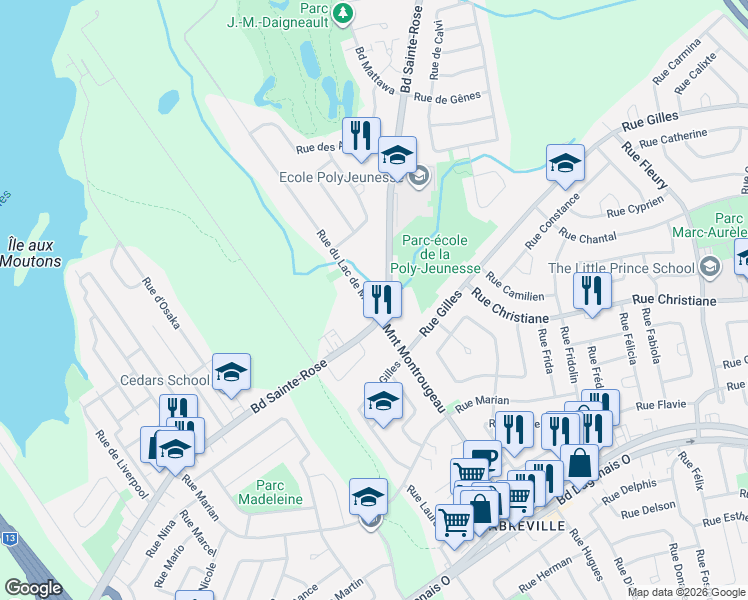 map of restaurants, bars, coffee shops, grocery stores, and more near 3635 Boulevard Sainte-Rose in Laval