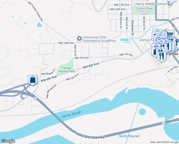 map of restaurants, bars, coffee shops, grocery stores, and more near 820 Northwest 5th Circle in Camas
