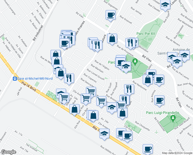 map of restaurants, bars, coffee shops, grocery stores, and more near 9044 Rue Lionel-Groulx in Montréal