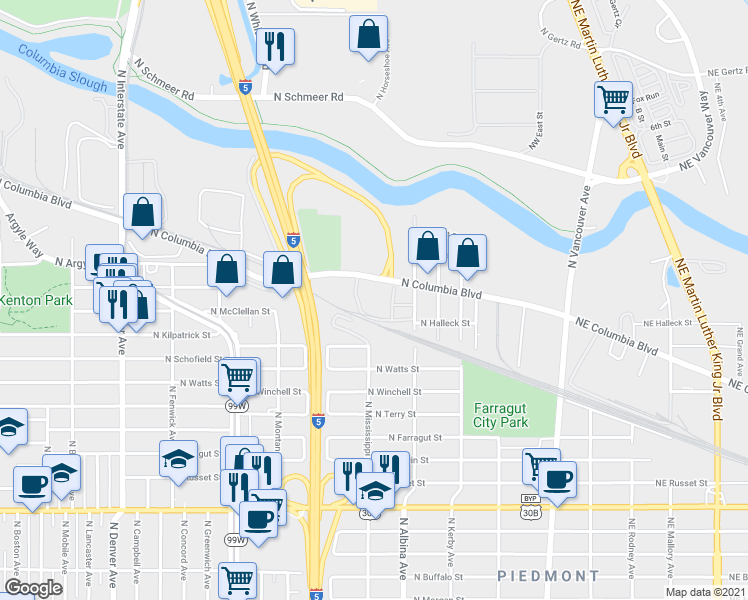 map of restaurants, bars, coffee shops, grocery stores, and more near 900 North Columbia Boulevard in Portland
