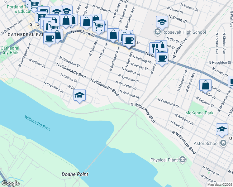 map of restaurants, bars, coffee shops, grocery stores, and more near 6940 North Burr Avenue in Portland