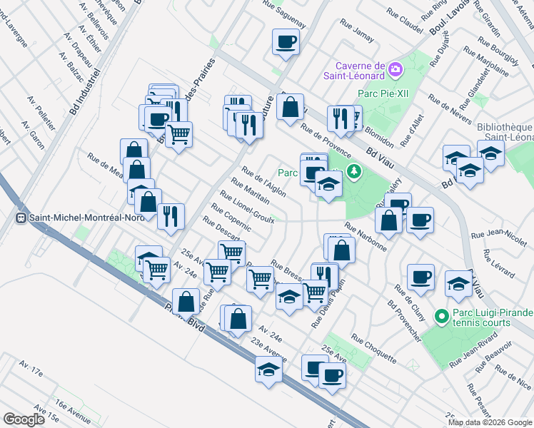 map of restaurants, bars, coffee shops, grocery stores, and more near 8993 Rue Lionel-Groulx in Montréal