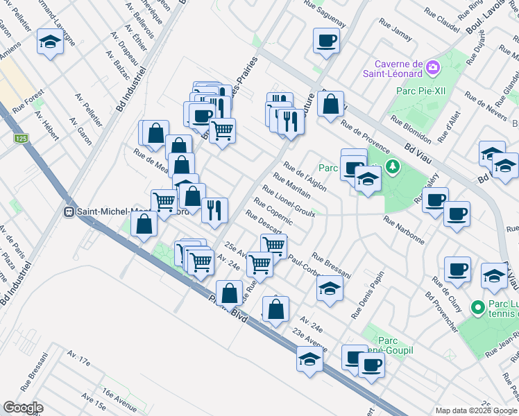 map of restaurants, bars, coffee shops, grocery stores, and more near 9102 Rue Copernic in Montréal