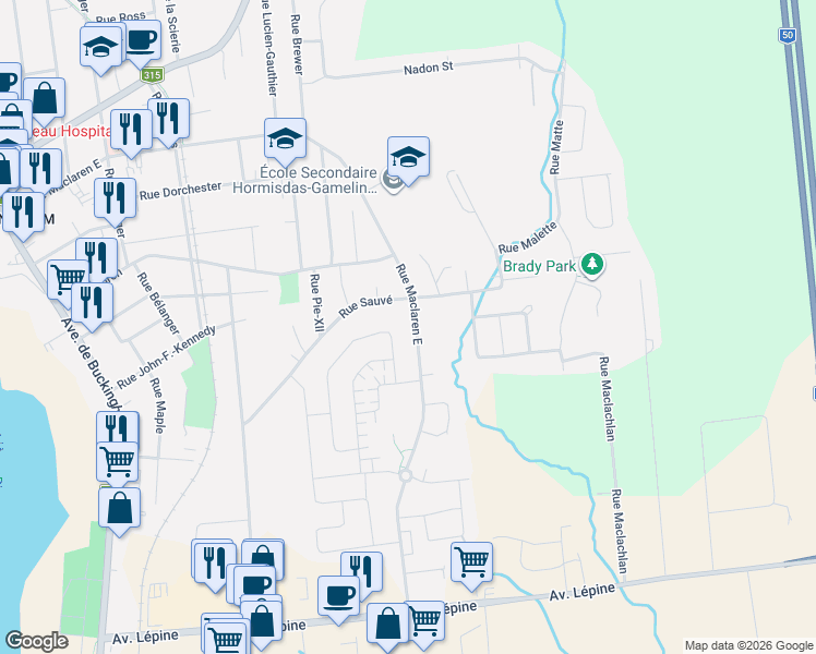 map of restaurants, bars, coffee shops, grocery stores, and more near 649 Rue Maclaren Est in Gatineau