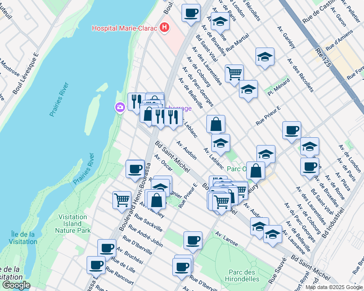 map of restaurants, bars, coffee shops, grocery stores, and more near 10730 Avenue Audoin in Montreal