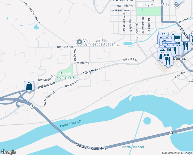 map of restaurants, bars, coffee shops, grocery stores, and more near 533 Northwest Elm Way in Camas