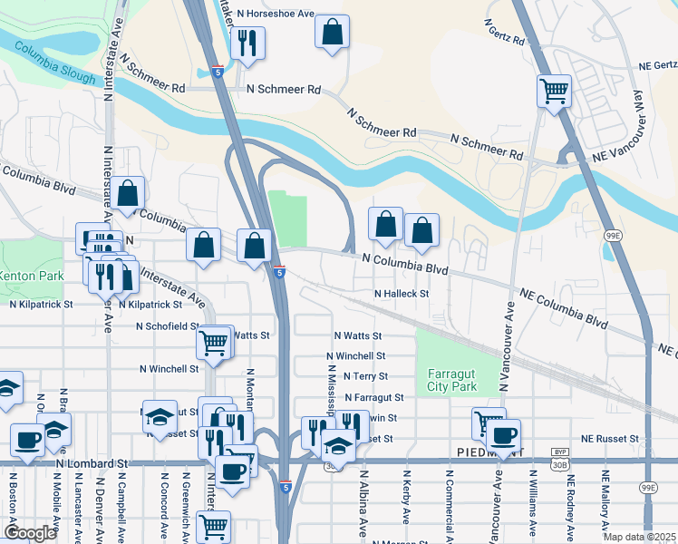 map of restaurants, bars, coffee shops, grocery stores, and more near 900 North Columbia Boulevard in Portland