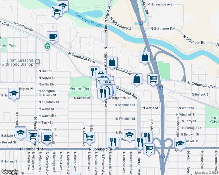 map of restaurants, bars, coffee shops, grocery stores, and more near 8324 North Denver Avenue in Portland