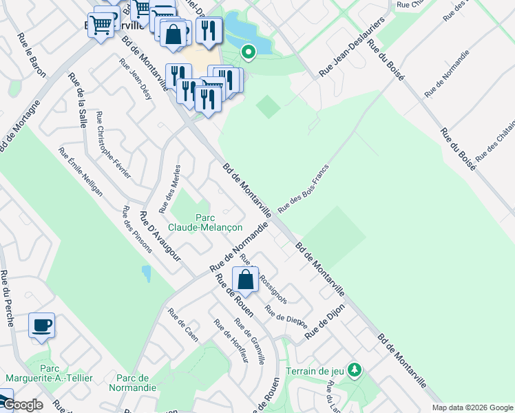 map of restaurants, bars, coffee shops, grocery stores, and more near 1188 Boulevard de Montarville in Boucherville