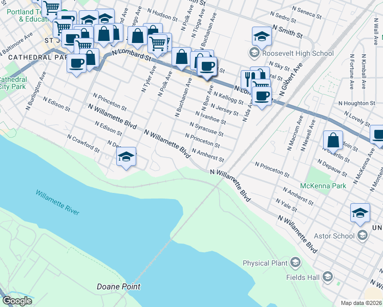 map of restaurants, bars, coffee shops, grocery stores, and more near 6940 North Burr Avenue in Portland