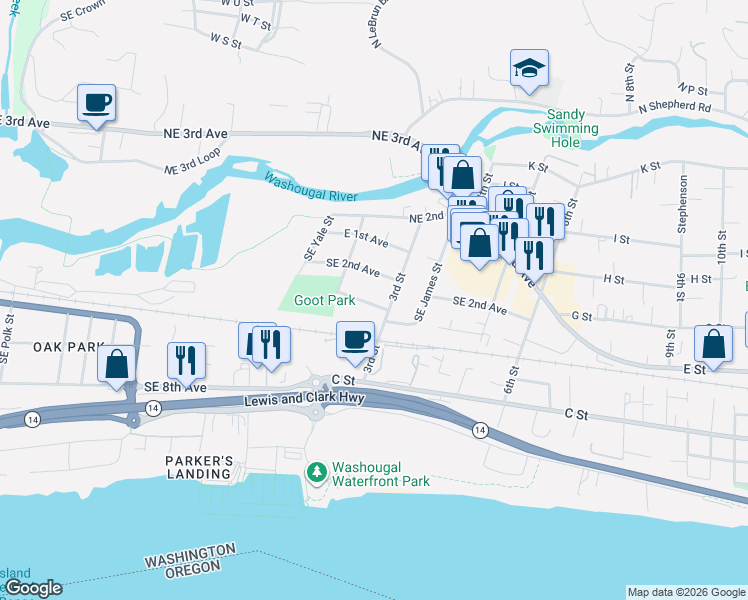 map of restaurants, bars, coffee shops, grocery stores, and more near 3021 Southeast 3rd Avenue in Camas