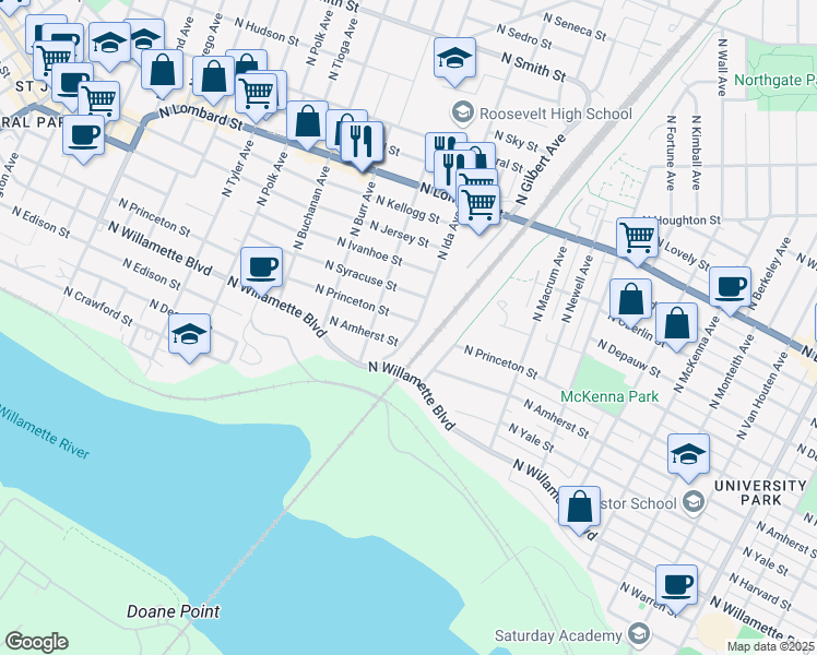 map of restaurants, bars, coffee shops, grocery stores, and more near 7033 North Ida Avenue in Portland