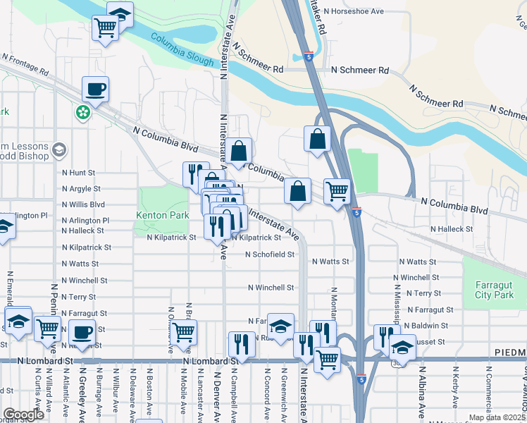 map of restaurants, bars, coffee shops, grocery stores, and more near 8338 North Interstate Avenue in Portland