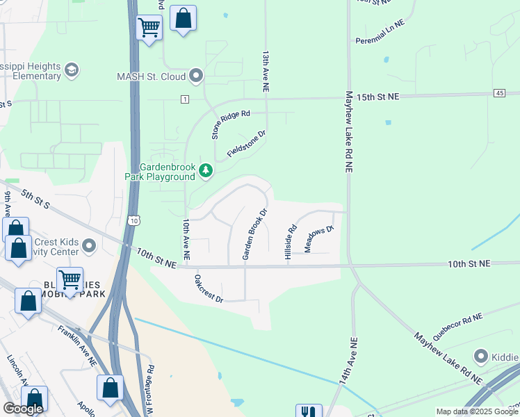 map of restaurants, bars, coffee shops, grocery stores, and more near 1109 Garden Brook Drive in Sauk Rapids