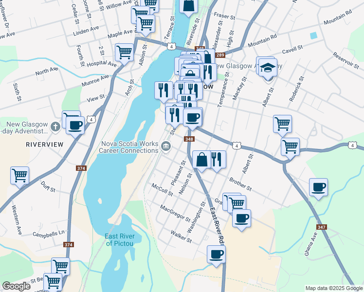 map of restaurants, bars, coffee shops, grocery stores, and more near 354 Macdonald Street in New Glasgow