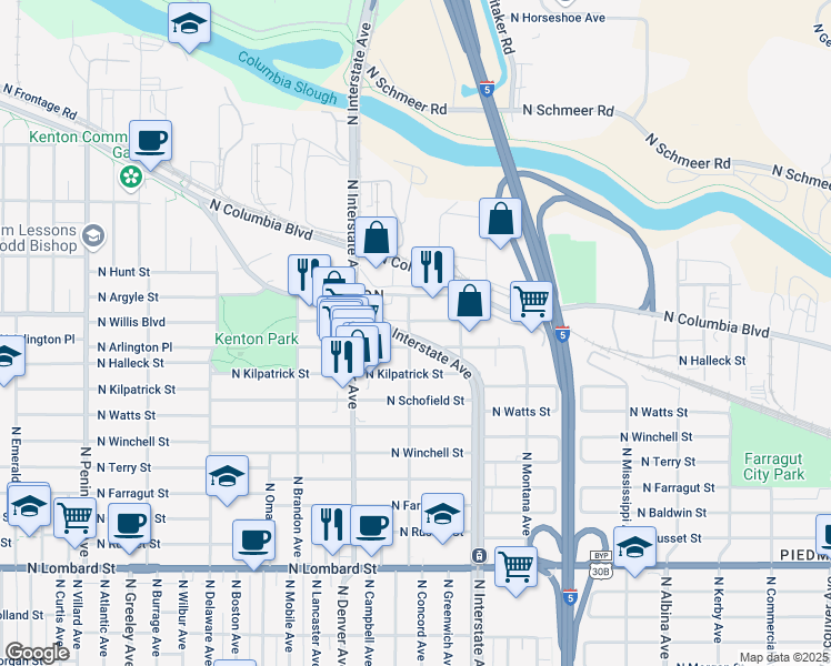 map of restaurants, bars, coffee shops, grocery stores, and more near 8360 North Interstate Avenue in Portland