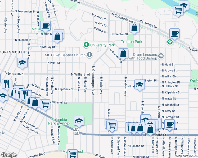 map of restaurants, bars, coffee shops, grocery stores, and more near 8314 North Chautauqua Boulevard in Portland