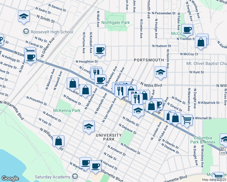 map of restaurants, bars, coffee shops, grocery stores, and more near 7527 North Van Houten Avenue in Portland