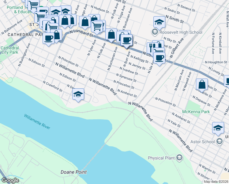 map of restaurants, bars, coffee shops, grocery stores, and more near 6940 North Burr Avenue in Portland